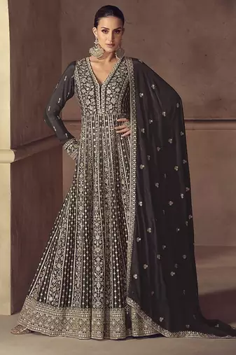 Black chinon embroidered work anarkali suit 