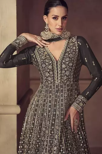 Black chinon embroidered work anarkali suit 