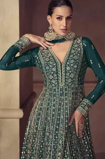 Dark green chinon embroidered work anarkali suit 