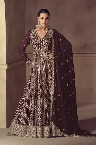 Wine chinon embroidered work anarkali suit 