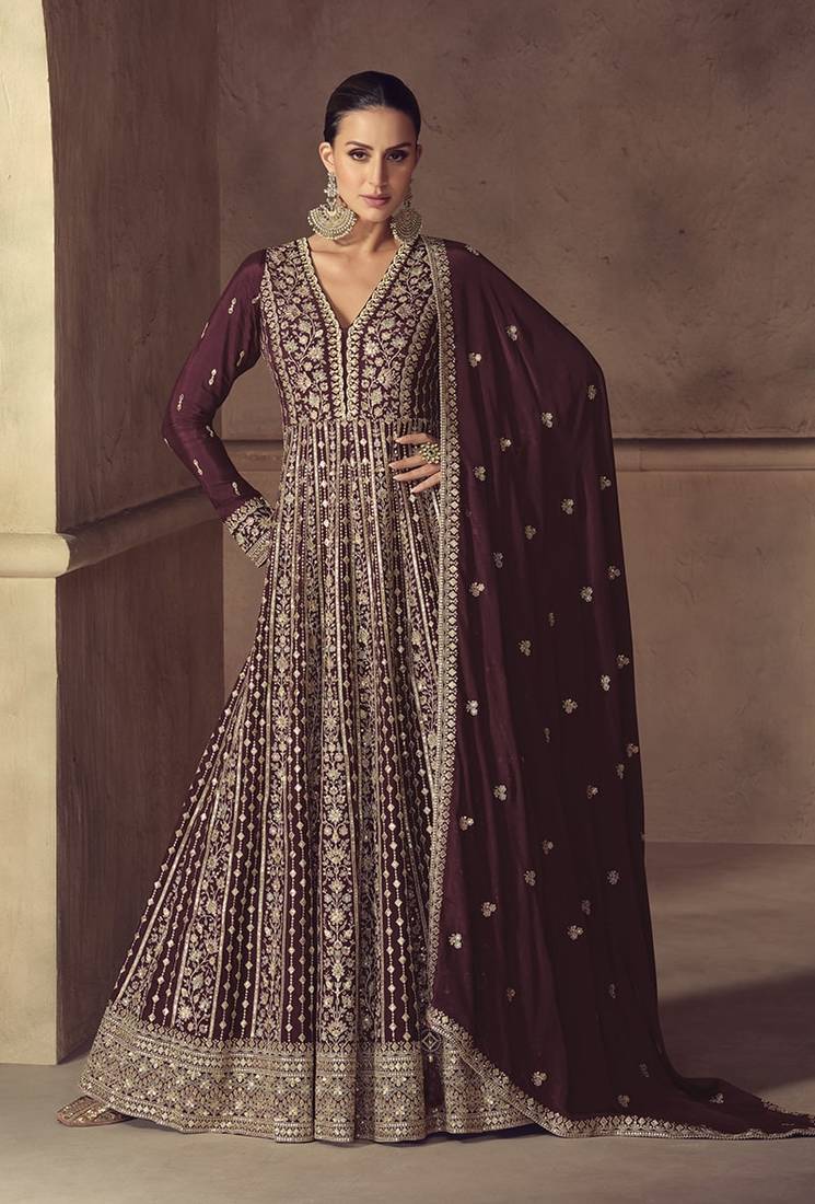Wine chinon embroidered work anarkali suit 