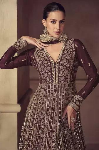 Wine chinon embroidered work anarkali suit 