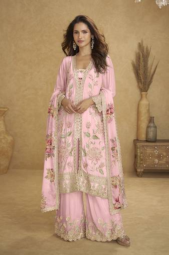 Light pink chinon embroidered work suit