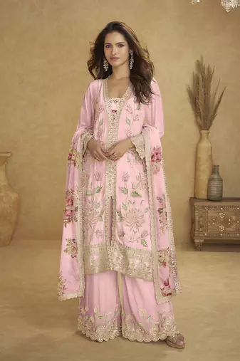 Light pink chinon embroidered work suit