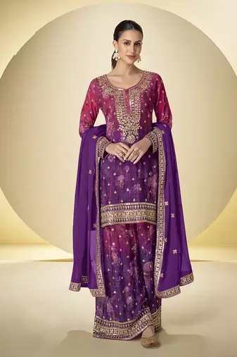 Purple chinon embroidered palazzo suit