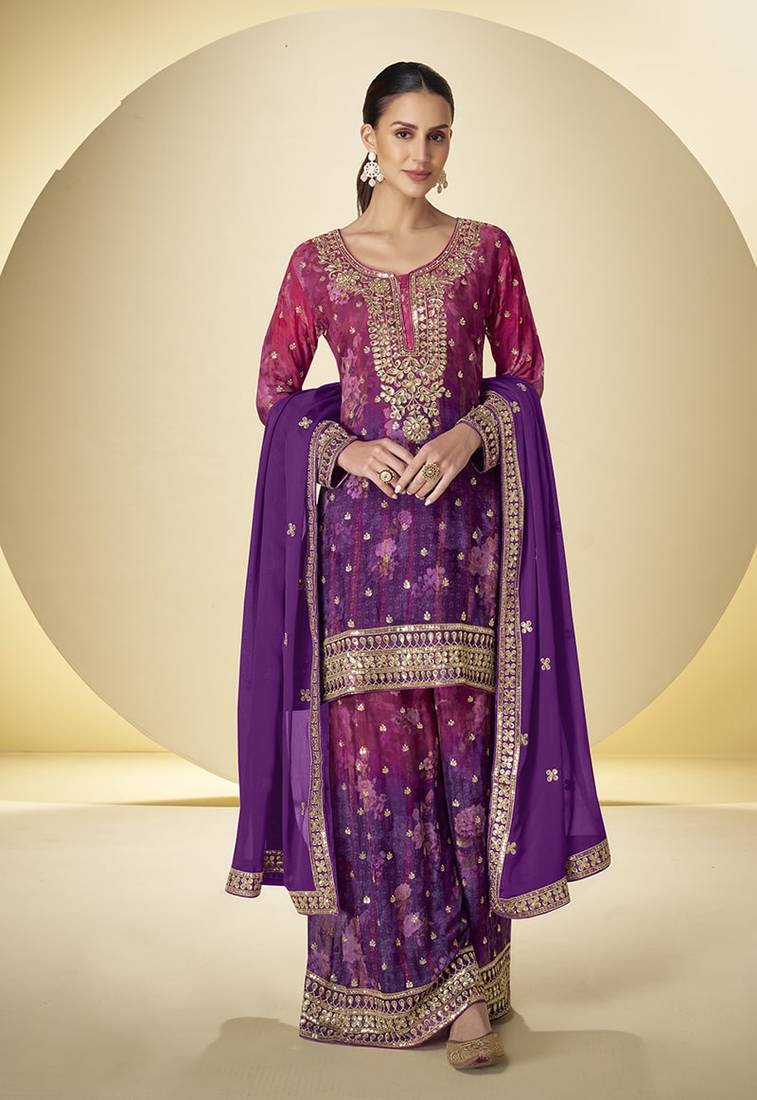 Purple chinon embroidered palazzo suit
