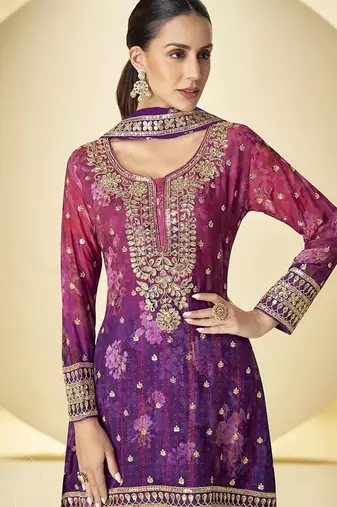 Purple chinon embroidered palazzo suit