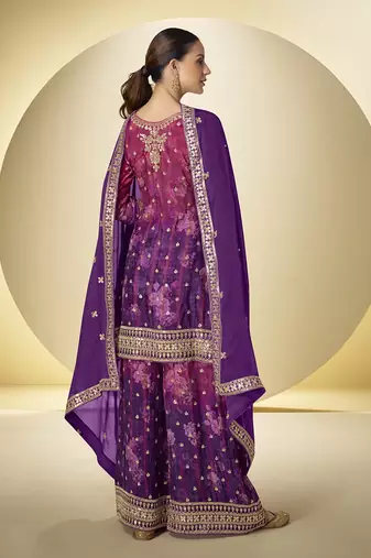 Purple chinon embroidered palazzo suit