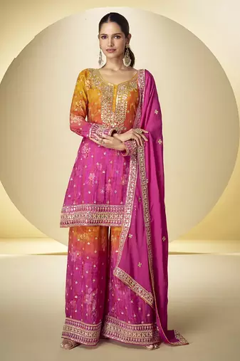 Pink chinon embroidered palazzo suit