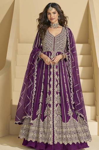 Purple chinon silk anarkali suit 
