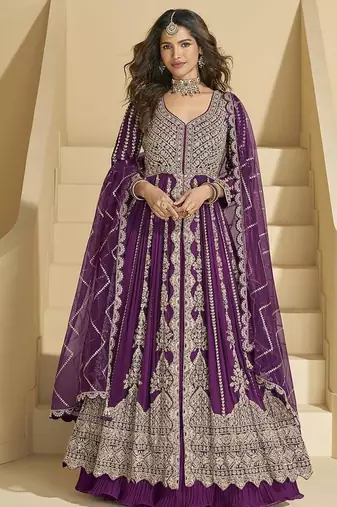Purple chinon silk anarkali suit 