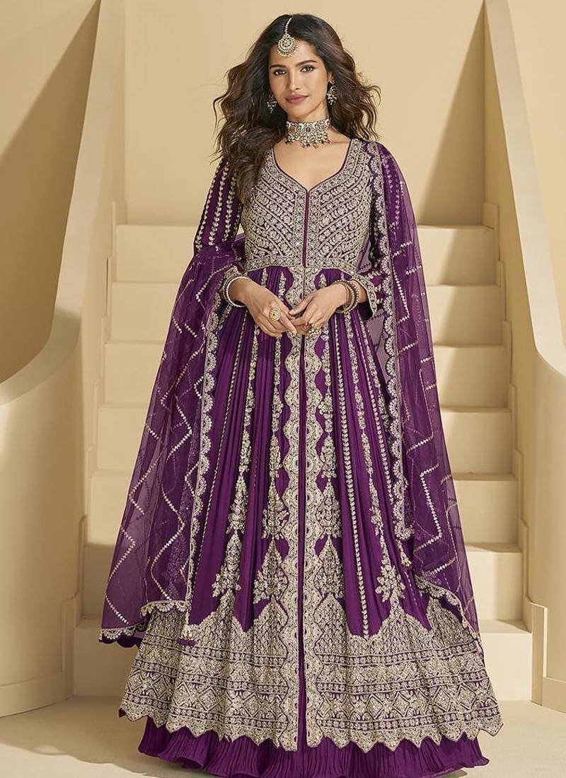 Purple chinon silk anarkali suit 