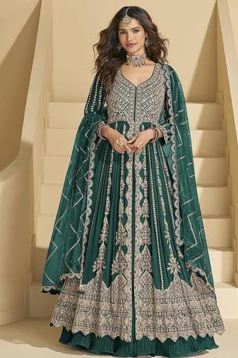 Dark green chinon silk anarkali suit 