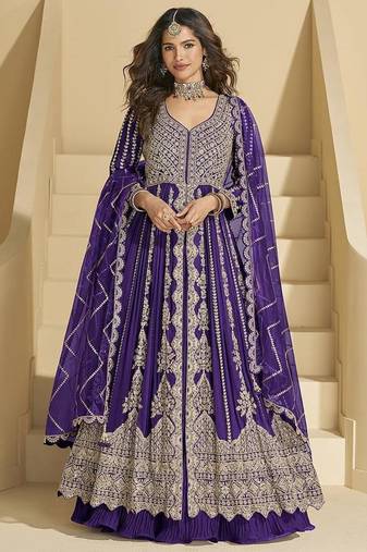 Violet chinon silk anarkali suit 