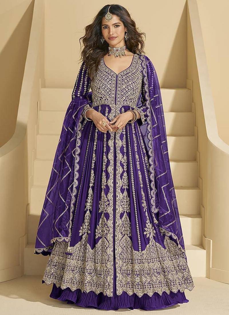 Violet chinon silk anarkali suit 