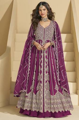Dark magenta chinon silk anarkali suit 
