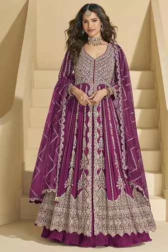 Dark magenta chinon silk anarkali suit 