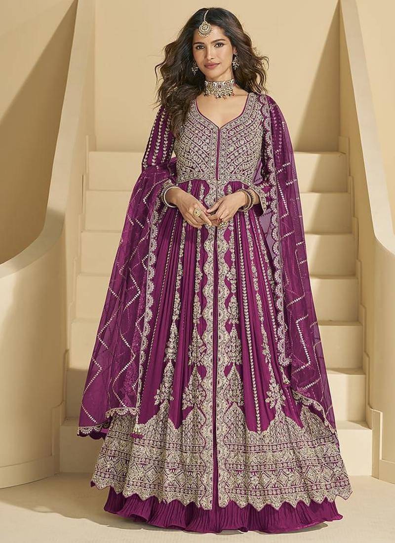 Dark magenta chinon silk anarkali suit 