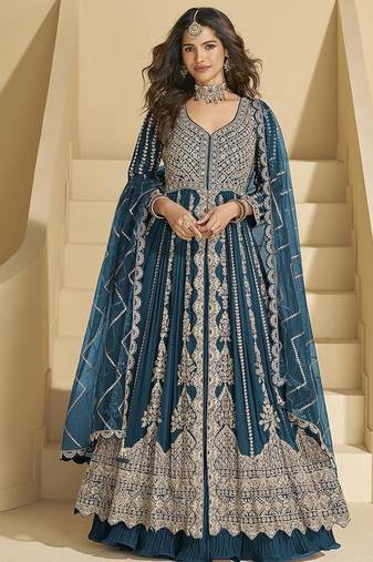 Dark teal chinon silk anarkali suit 