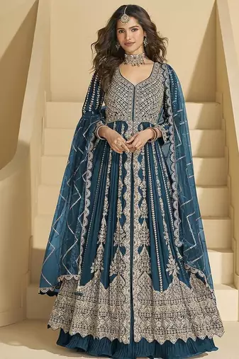 Dark teal chinon silk anarkali suit 