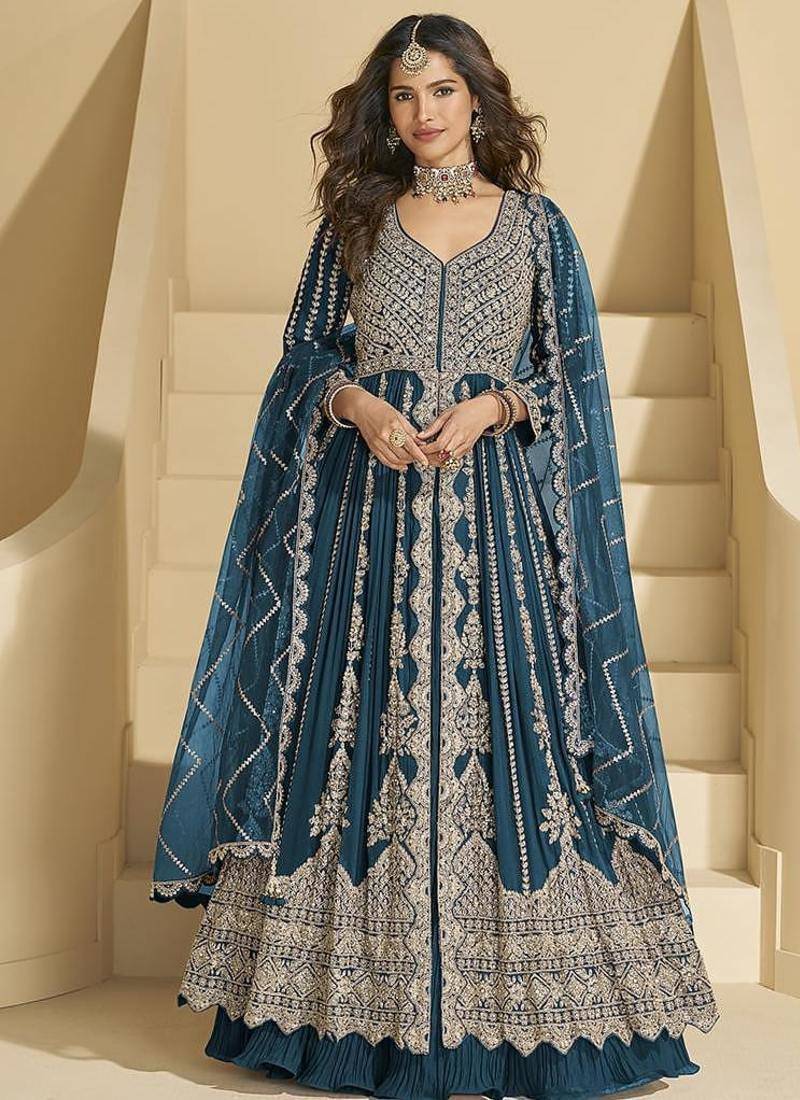 Dark teal chinon silk anarkali suit 