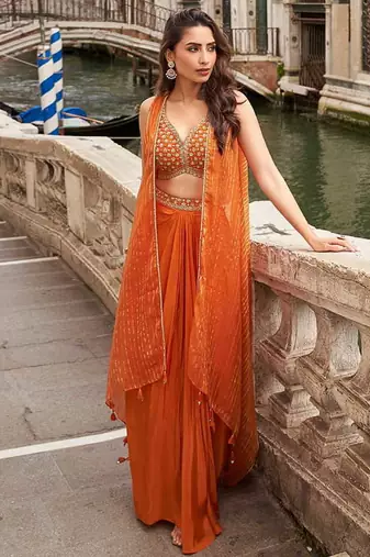 Orange chinon silk embroidered stylisht suit