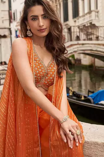 Orange chinon silk embroidered stylisht suit