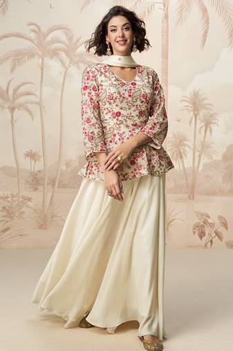 Off white chinon embroidered readymade suit