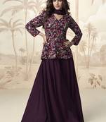 Dark purple chinon embroidered readymade suit