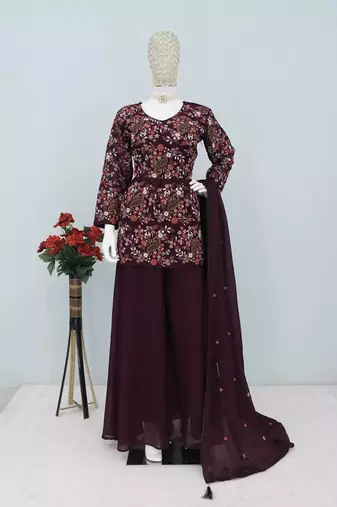 Dark purple chinon embroidered readymade suit