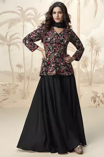 Black chinon embroidered readymade suit