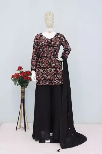Black chinon embroidered readymade suit