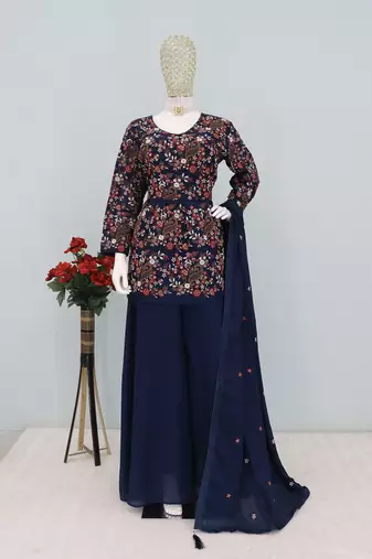 Navy blue chinon embroidered readymade suit
