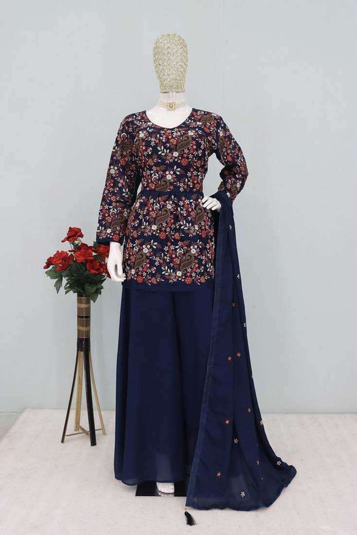 Navy blue chinon embroidered readymade suit