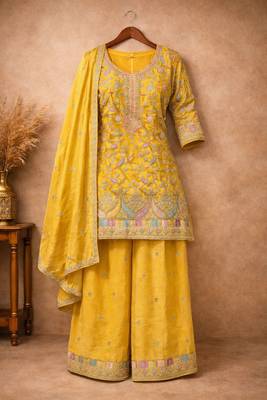 Yellow chinon free size stitched plazzo suit with embroidery  2