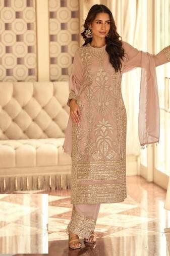 Baby pink pure geogette full stitched suit free size upto 42