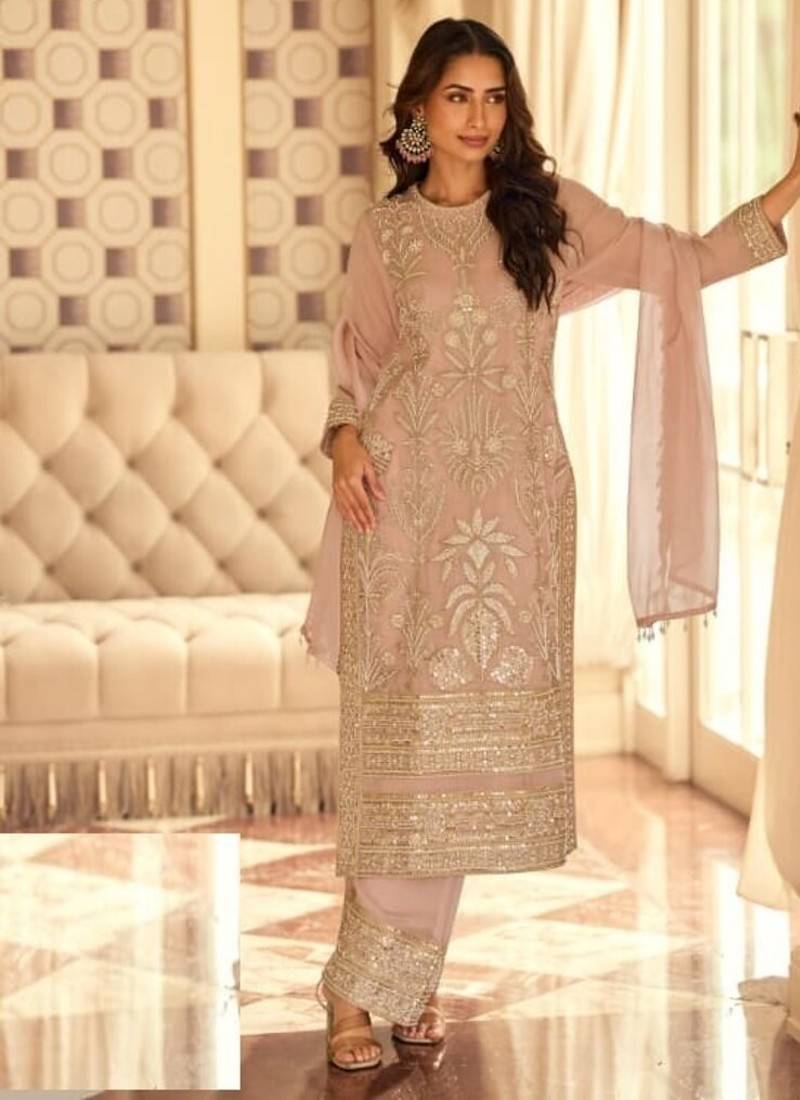 Baby pink pure geogette full stitched suit free size 