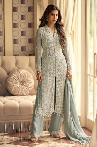 Grey pure geogette full stitched suit free size upto 42