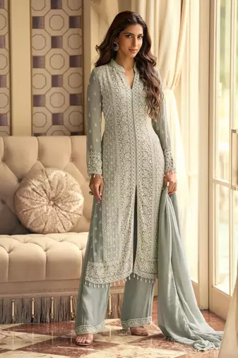 Grey pure geogette full stitched suit free size upto 42