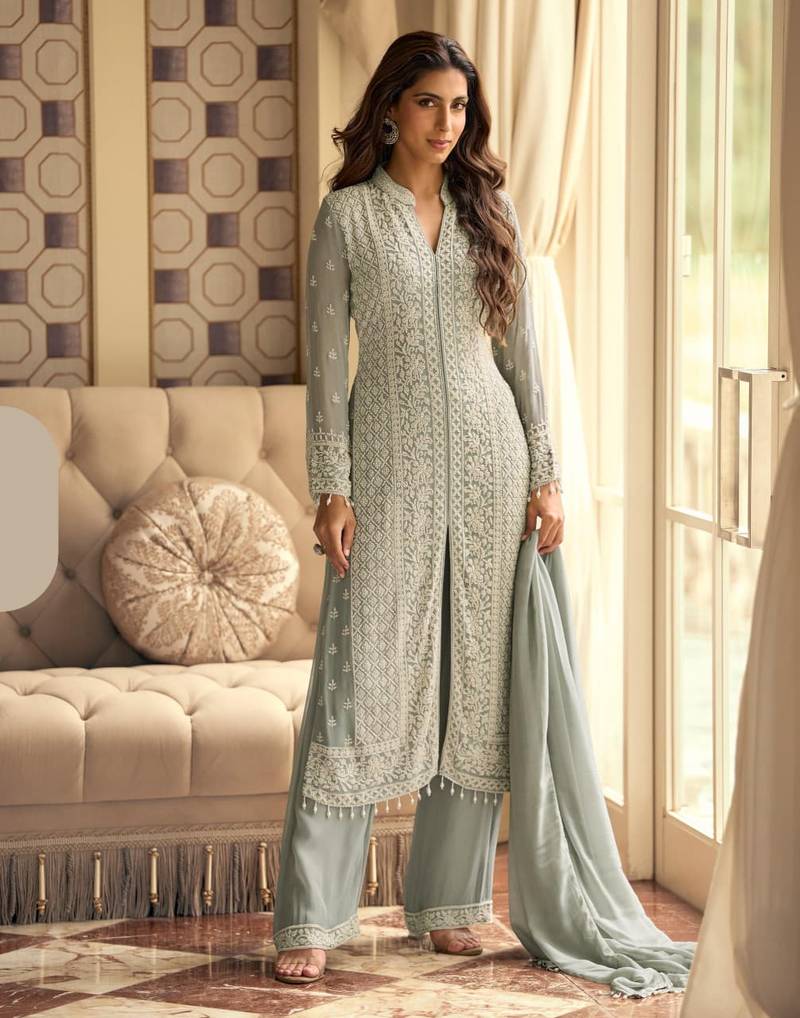 Grey pure geogette full stitched suit free size 