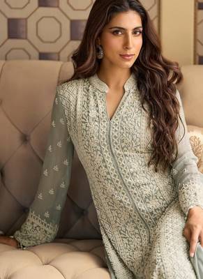 Grey pure geogette full stitched suit free size upto 42 2