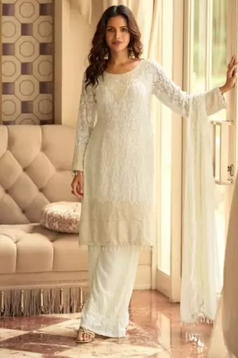 White  pure geogette full stitched suit free size 