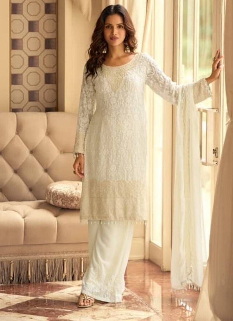 White  pure geogette full stitched suit free size 