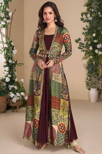 Wine georgette printed gown with shrug