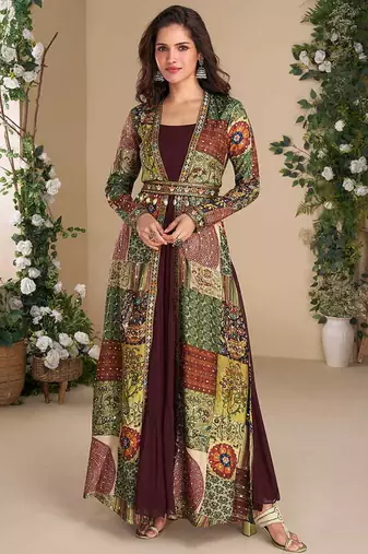 Wine georgette printed gown with shrug