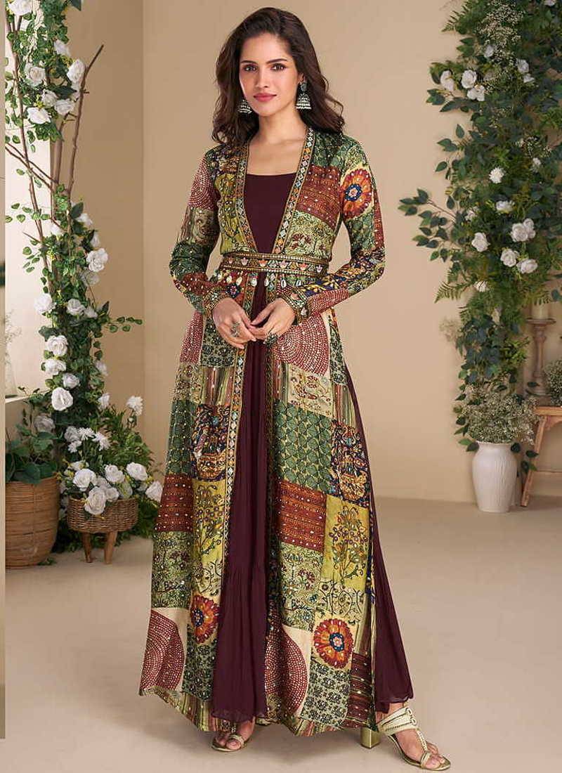 Wine georgette printed gown with shrug