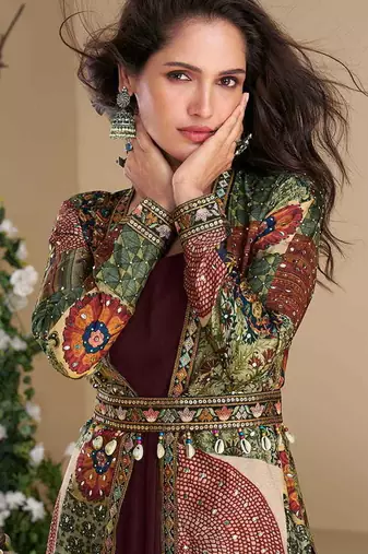 Wine georgette printed gown with shrug