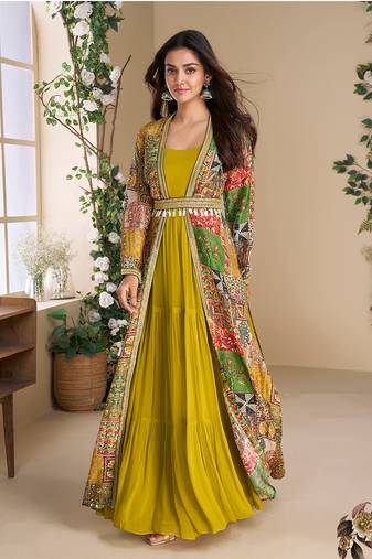 Mustard georgette printed gown with shrug