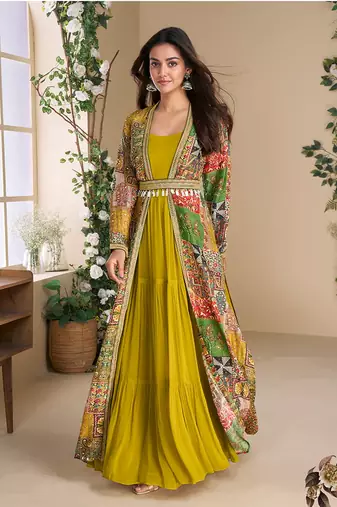 Mustard georgette printed gown with shrug