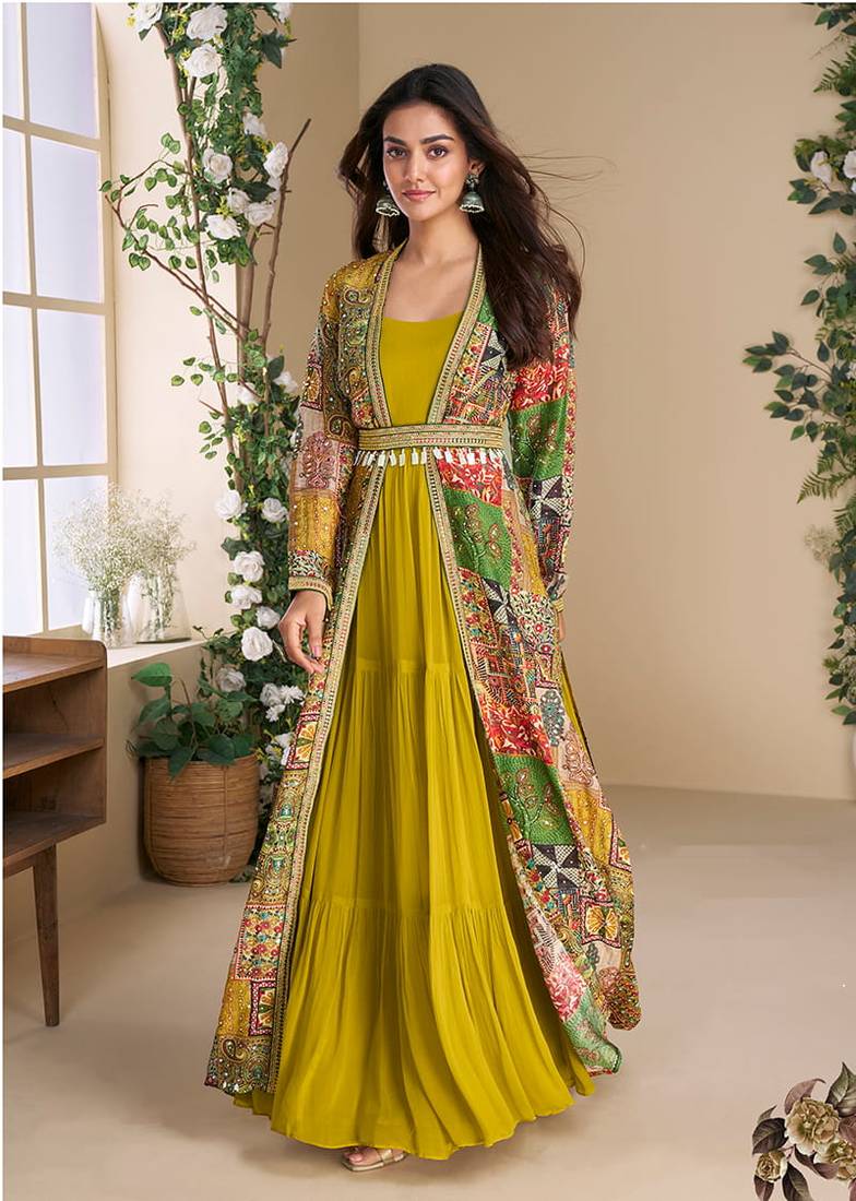 Mustard georgette printed gown with shrug